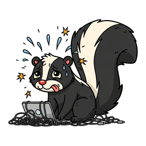 The Skunk Systems skunk mascot feeling overwhelmed