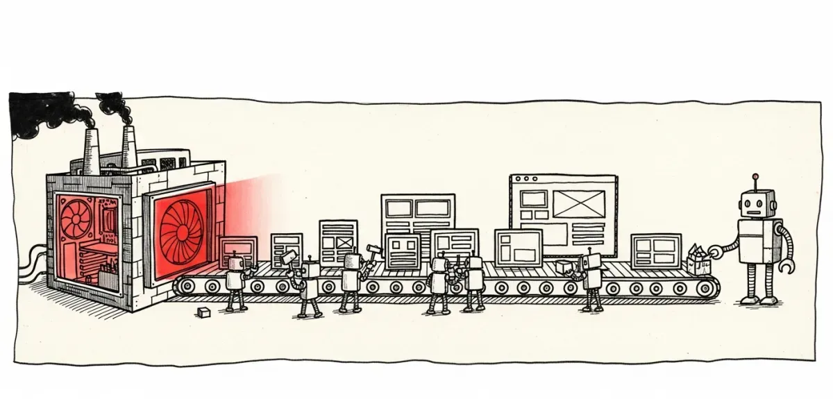 A hand-drawn digital factory: a gaming PC with a glowing graphics card feeding an assembly line of little robots building web pages, with a robot foreman directing them.