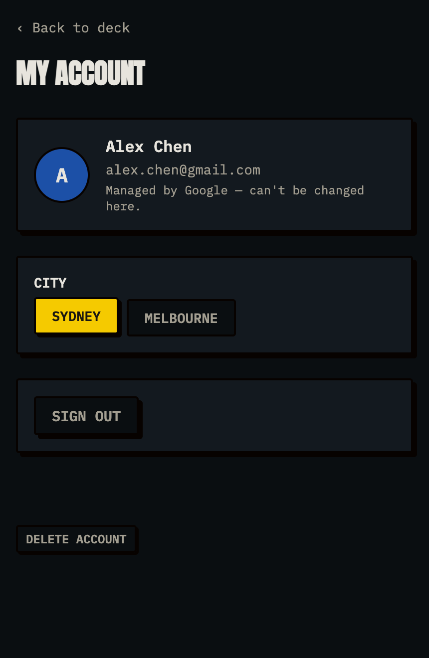 Account: identity from Google, city preference, and an account deletion that actually deletes