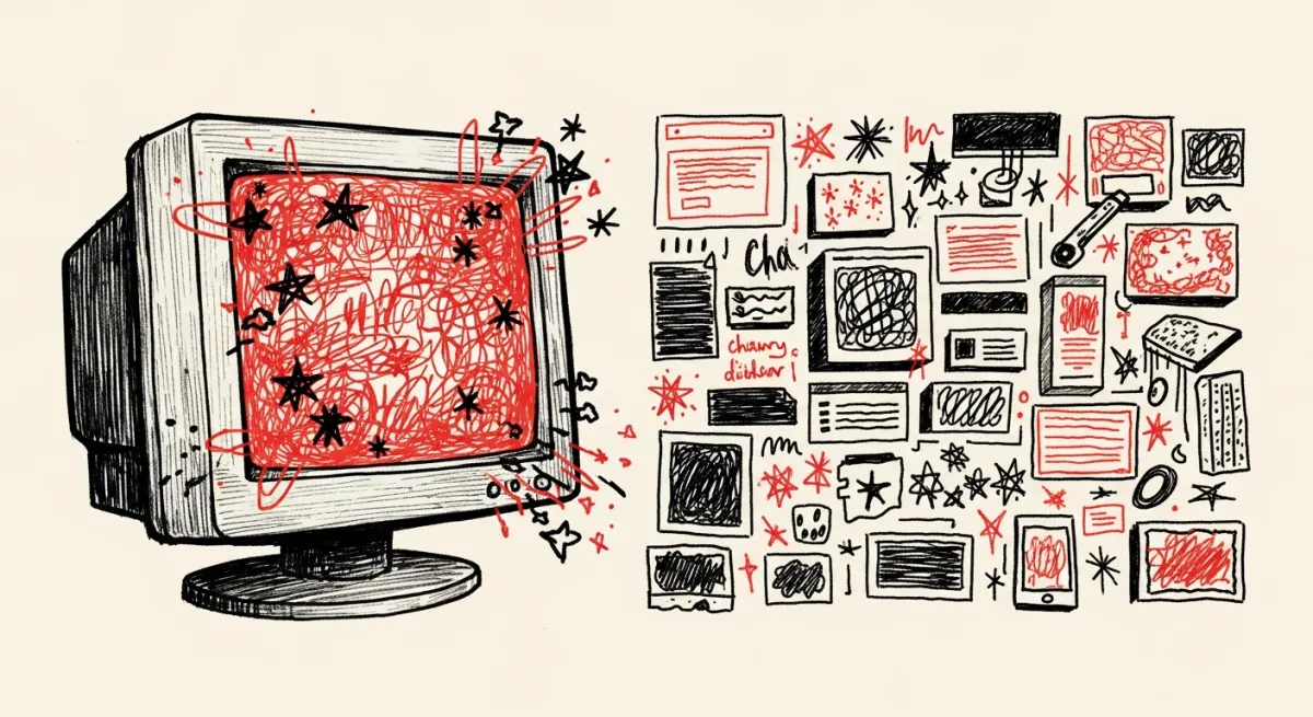 A hand-drawn face-off: a chaotic CRT monitor full of scribbles and stars versus a cold, empty minimalist screen.